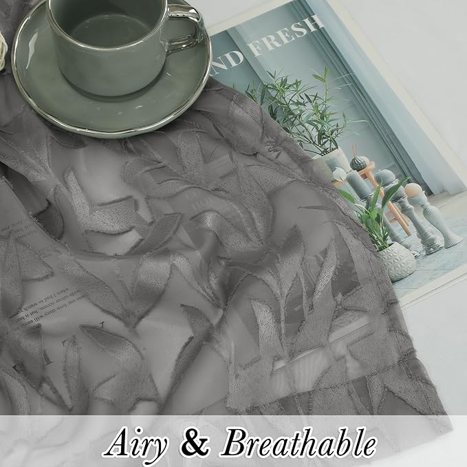Lecloud Leia Charcoal Grey Curtains Sheer Valances for Windows 14 Inch Length 2 Pieces, Airy Jacquard Leaf Voile Curtain for Living Room Bedroom, Dual Rod Pockets Window Kitchen Valance, 38W x 14L