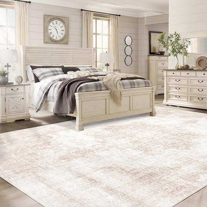 Area Rugs 8x10 Vintage Rug: Large Washable Living Room Rug Retro Medallion Distressed Rugs Soft Low Pile Non-Slip Indoor Floor Carpet for Bedroom Kitchen Nursery Dining Table Office (Beige/Brown)