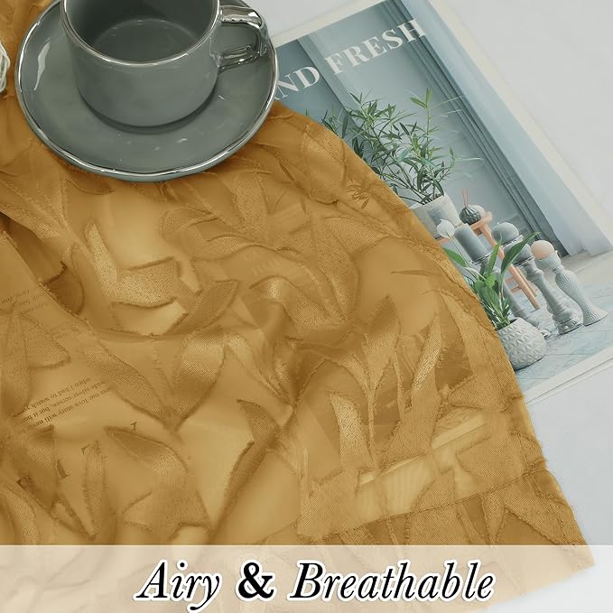 Lecloud Leia Dark Gold Sheer Kitchen Curtains 24 Inch Length 2 Pcs, Jacquard Textured Leaf Voile Short Curtains with Dual Rod Pocket, Farmhouse Bedroom Living Room Tiers, 40 W x 24 L