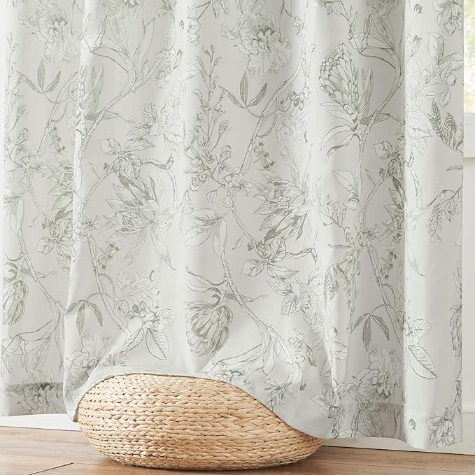 jinchan Floral Curtains 96 Inches Long Charcoal Grey Flower Linen Farmhouse Curtain for Living Room French Country Vintage Curtain Rod Pocket Curtains Set 2 Panels Gray Floral Printed