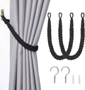 NICEEC 2 Pack Natural Cotton Rope Curtain Tiebacks Elegant Boho Style Decorative Drape Tie Backs Soft Hand-Woven Rope Curtain Holdbacks with Metal Hook for Home & Office Drapery (Black)