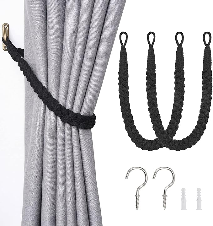 NICEEC 2 Pack Natural Cotton Rope Curtain Tiebacks Elegant Boho Style Decorative Drape Tie Backs Soft Hand-Woven Rope Curtain Holdbacks with Metal Hook for Home & Office Drapery (Black)