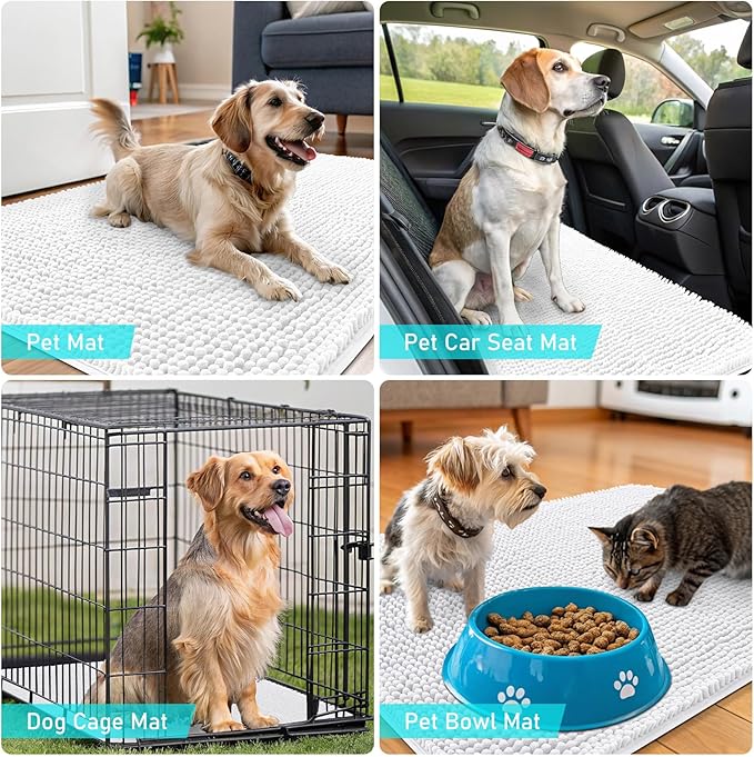 OLANLY Dog Door Mat for Muddy Paws 70x24, Absorbs Moisture and Dirt, Absorbent Non-Slip Washable Doormat, Quick Dry Chenille Mud Mat for Dogs, Entry Indoor Entryway Carpet for Inside Floor, White