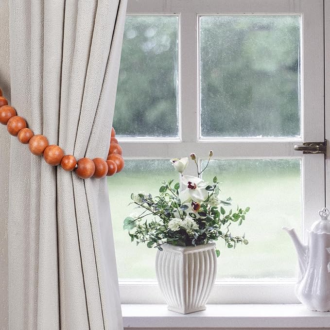 Wood Bead Curtain Tiebacks, KLOGTSIND Set of 4 Curtain Holdbacks for Thin or Thick Window Draperies, Boho Farmhouse Curtain Tiebacks with Hooks, Curtain Tie Backs for Home Office Room Decor