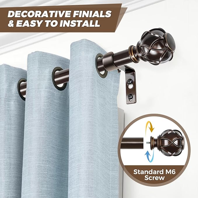 KAMANINA 1 Inch Curtain Rod Telescoping Single Drapery Rod 36 to 72 Inches (3-6 Feet), Antique Bronze Curtain Rods for Windows 24 to 68 Inches, Netted Texture Finials