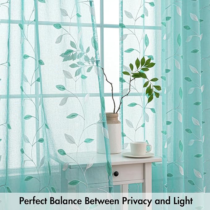 MIULEE Turquoise Sheer Curtains 2 Panels Embroidered Leaf Patterned Rod Pocket Floral Semi Sheer Faux Linen Window Curtains Drapes Set for Living Room Bedroom Dining Room, 52x84 Inches Long