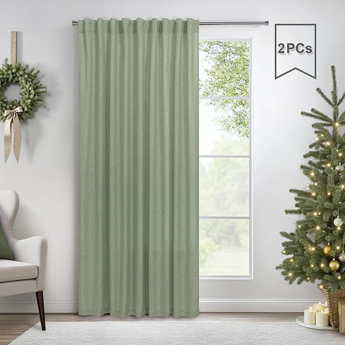 Pitalk Sage Green Curtains 5 FT Wide by 84 Inches Long for Bedroom 2 Panel Back Tab Pocket Sheer Linen Large Drape Light Filtering Extra Wide Curtain for Living Room Dining Hall Hallway 60x84 Length