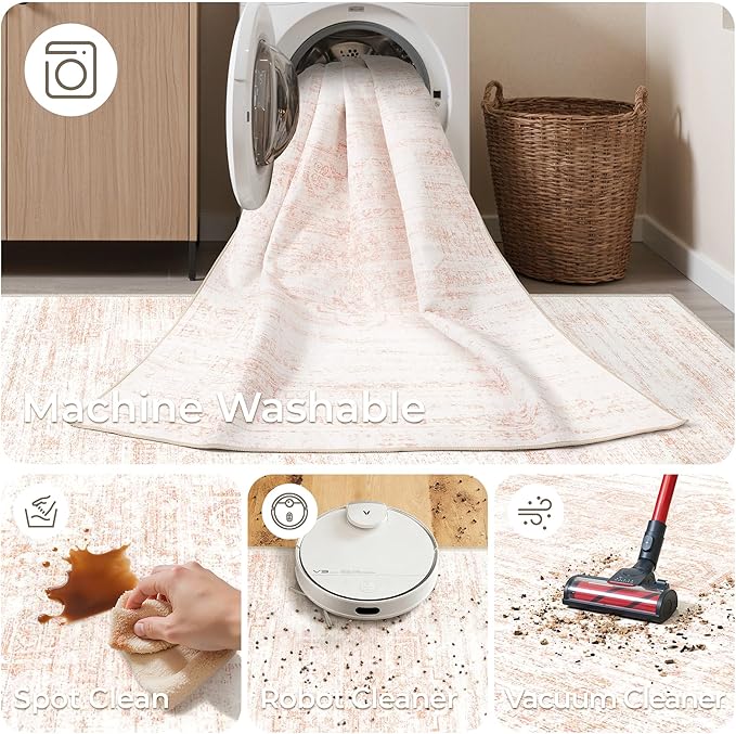 2x10 Runner Rug, Long Hallway Rugs for Dining Room, Living Room, Bedroom, Machine Washable Kitchen Carpet Runner with Rubber Backing, Soft Low Pile Indoor Rug(2'x10', Pink/White)