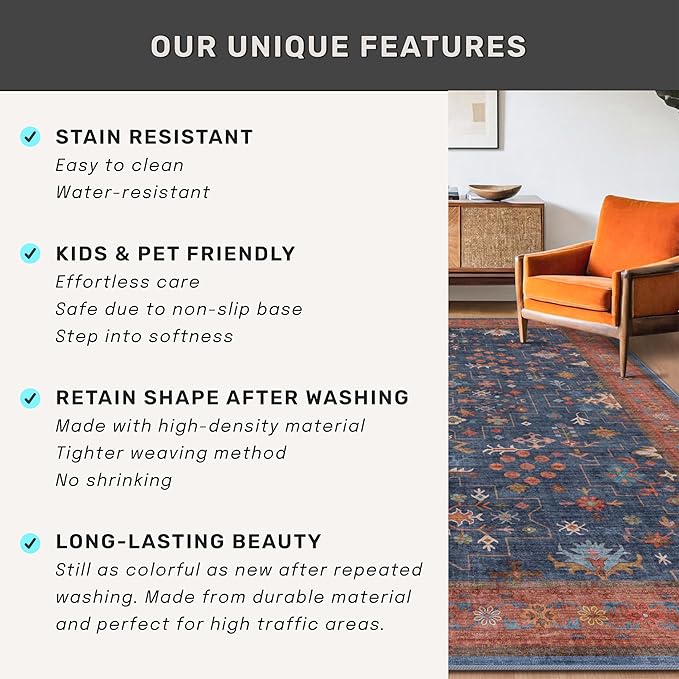 Hazo Haus Washable 2x3 Entry Rug Front Door Indoor, Farmhouse Small Area Rugs for Kitchen, Bathroom, Entrance, Non Slip Rubber Backed, Perfect for Boho Décor (2x3 Navy Blue)