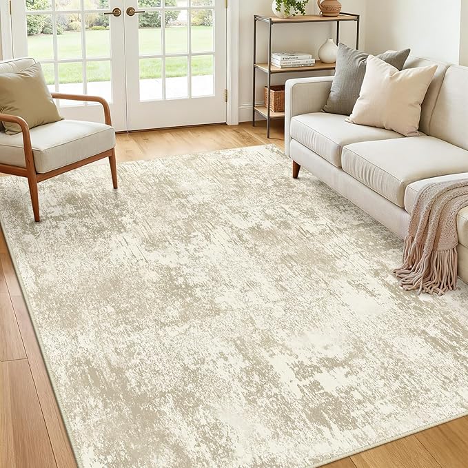 Washable Area Rugs 5'x7' Non-Slip Modern Abstract Soft for Living Room Entryway Bedroom Nursery, Print Pattern, Beige Cream Brown