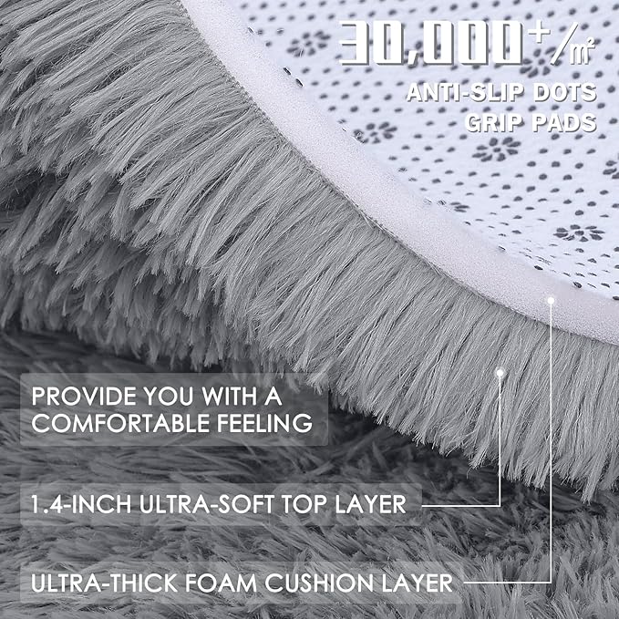 OLANLY 3x3 Machine Washable Small Bedside Rug, Soft Fluffy Shaggy Entryway Throw Rugs for Bedroom, Living Room, Indoor Floor Carpet for Kids Girls and Boys, Nursery Rooms, Home Decor, Light Grey