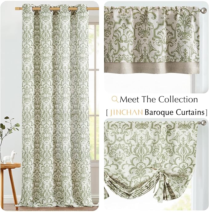 jinchan Linen Valance Curtain for Kitchen Vintage Damask Floral Blackout Valance Double Layer Small Window Curtain for Living Room Bedroom Bathroom 18 Inch Rod Pocket 1 Panel Sage Green on Beige