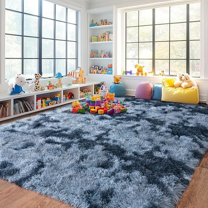 Pionblank 9x12 Area Rug, Large Area Rug for Living Room, Shag Rug for Bedroom, Soft Furry Non Slip Carpet for Kids Room Nursery Teens Dorm Home Decor, Blue Grey