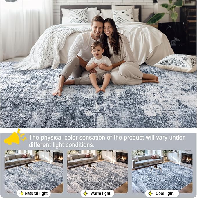 Area Rugs Living Room Rug - 4x6 Washable Modern Abstract Soft Neutral Non-Slip Carpet Large Indoor Floor Thin Carpets for Bedroom Dining Room Farmhouse Nursery Home Office Grey Blue