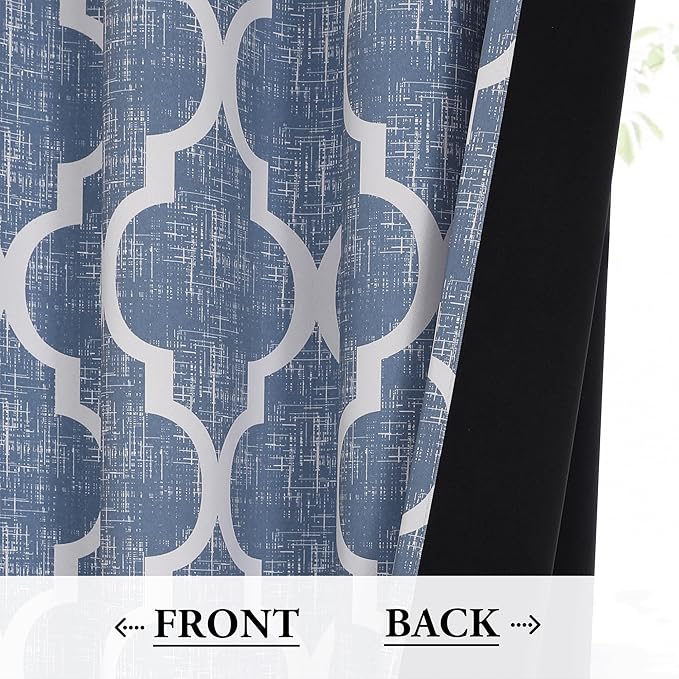 Beauoop 100% Blackout Curtains 45 Inches Long 2 Panels for Bedroom Living Room Blue Moroccan Geo Room Darkening Thermal Insulated Soundproof Grommet Top Window Treatments Drapes, 50x45 Set of 2