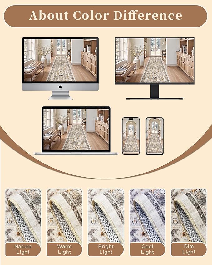 Madane Kitchen Runner Rug - 2x7 Runner Rugs with Rubber Backing Non Slip Vintage Washable Rug Runner Ultra-Thin Throw Carpet Runners for Hallways Bedroom Laundry Room(2'x7', Brown/Gold)