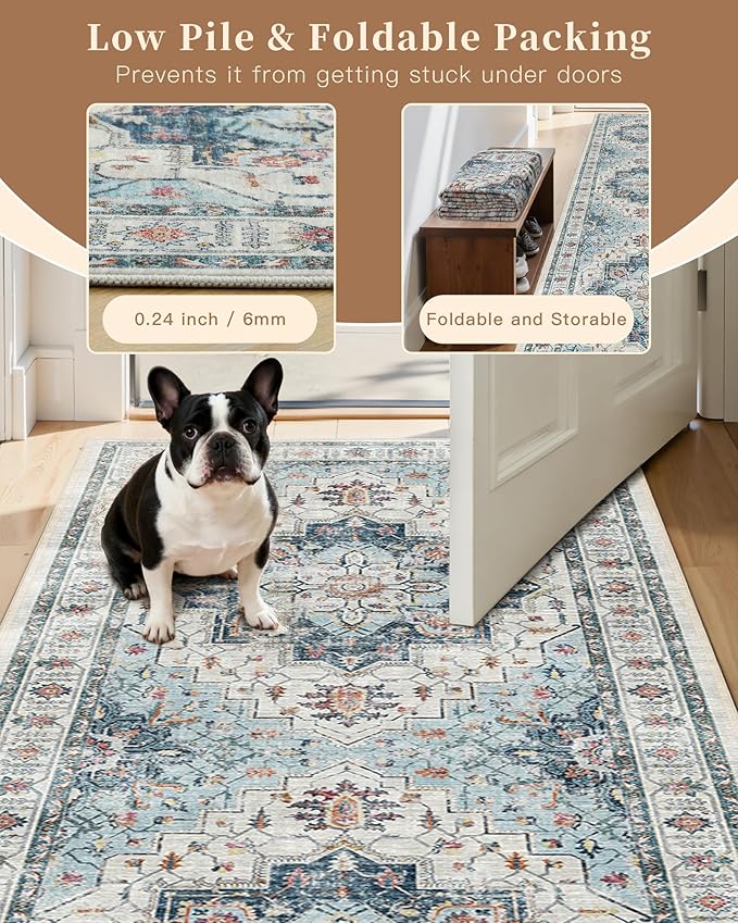 Madane Hallway Runner Rug 2x12, Extra Long Washable Runner Rugs with Rubber Backing, Non Slip Carpet Runner, Vintage Medallion Rug Runners for Kitchen Laundry Room Entryway (Blue, 2'x12')