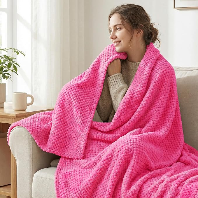 Exclusivo Mezcla Fleece Bed Blanket Queen Size, Super Soft and Warm Blankets for Couch, Sofa and Bed Waffle Textured, Cozy, Fuzzy and Lightweight (Hot Pink, 90x90 Inches)