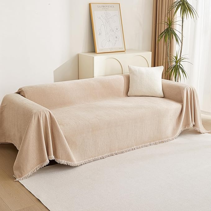 MYSKY HOME Couch Cover 3 Cushion Sofa with Tassel Chenille Sofa Covers Couch Covers for 3 Cushion Couch Sofa Slipcovers for Sectional l Shaped Couch Dogs Protector Furniture Covers, 91" X150", Khaki