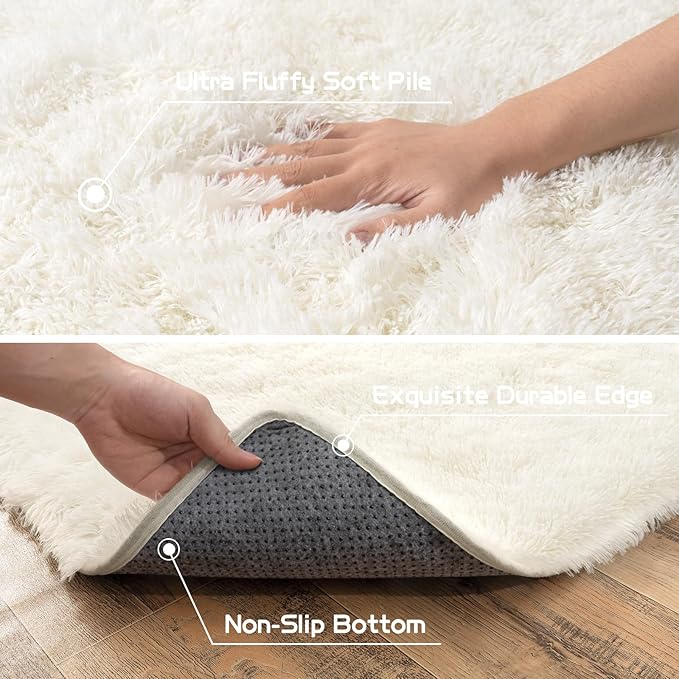 Pionblank Super Fluffy Area Rug for Bedroom 5x7, Modern Indoor Shag Carpet, Soft Plush Non Slip Rugs for Living Room Kids Room Cloakroom Home Decor, Cream White