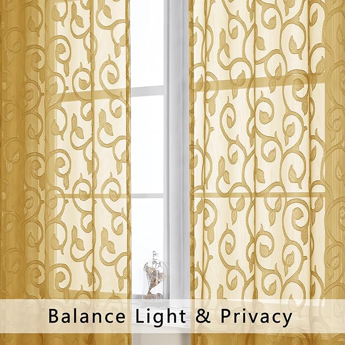 OWENIE Furman Gold Sheer Curtains 45 Inch Length 2 Panels Set for Living Room Bedroom Bathroom Window, Airy Jacquard Clip Short Curtains for Small Window, 40Wx45L inch