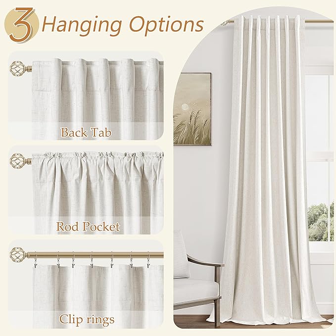 Beige White 100% Blackout Linen Curtains 120 Inch Length 2 Panels Set for Living Room Bedroom Back Tab Thermal Insulated Black Out Drapes Room Darkening Farmhouse Style for Bedroom Window Curtains