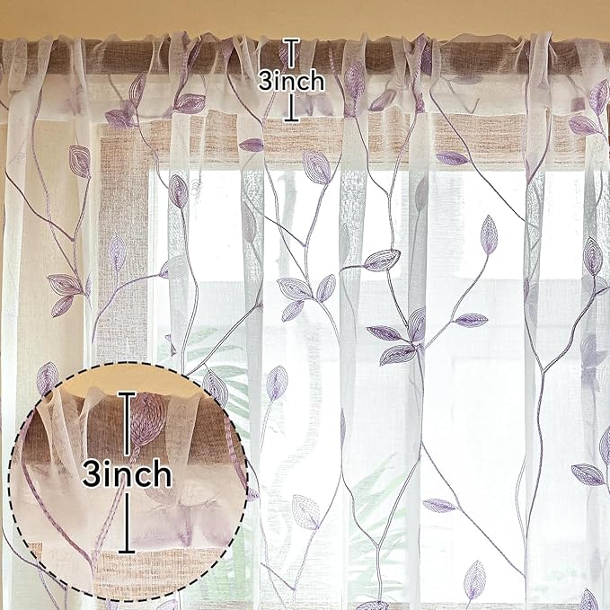 AmHoo 2 Panels Embroidered Leaf Pattern Semi Sheer Curtains Foliage Floral Voile Window Draperies Treatment for Bedroom Living Room Rod Pocket White Lavender Purple 53 x 95 Inch