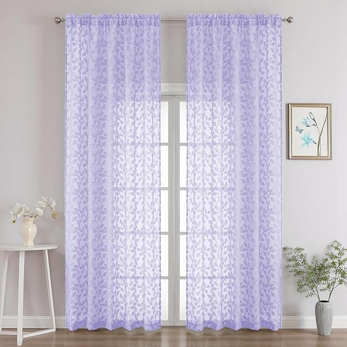 Chyhomenyc Light Purple Sheer Curtains 96 Inch Length 2 Panels Set, Light Filtering Tufted Textured Soft Airy Rod Pocket Gentle Leaf Window Treatment Drapes for Bedroom Living Room, 52" Wx96 L, 2PCS