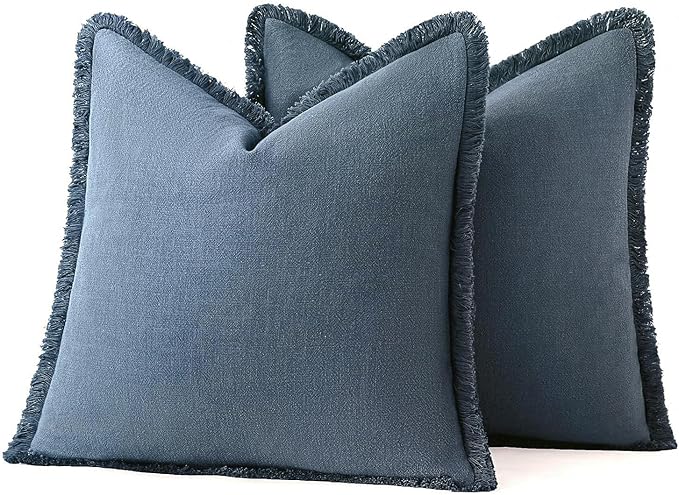 MIULEE Decorative Throw Pillow Covers Neutral Linen Fringe Throw Pillows Set of 2 Blue Ashes Boho Farmhouse Cushion Covers with Tassels for Couch Sofa Bed Spring Home Decor 26x26 Inch