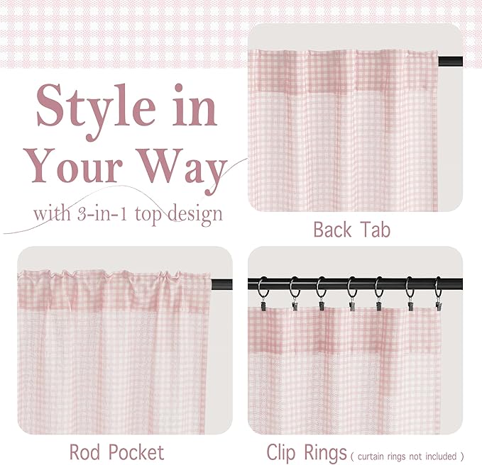 RYB HOME Checkered Kitchen Curtains 24 inch Length, Vintage Farmhouse Linen Cafe Plaid Curtains Gingham Small Window Treatment Valance for Living Room Bathroom, Pink, W26 x L24, 2 Panels