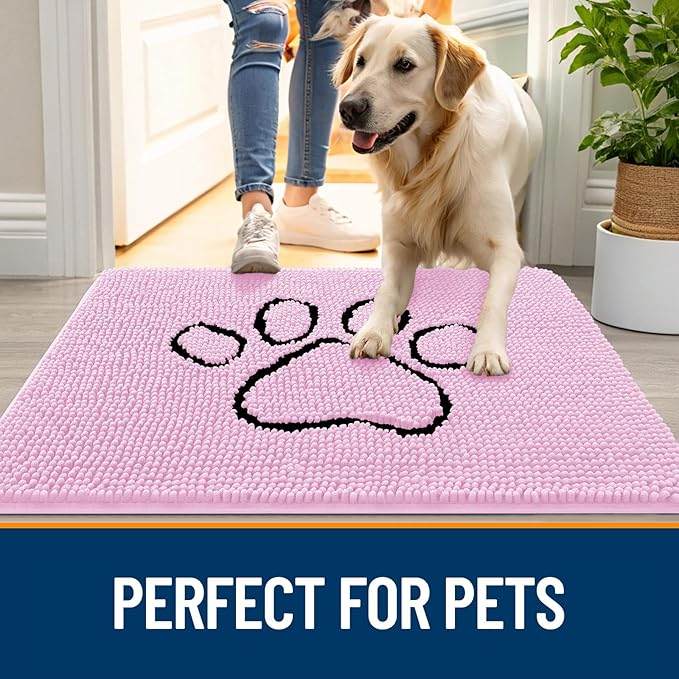 OLANLY Dog Door Mat for Muddy Paws 30x20, Paw Print Design, Absorbs Moisture and Dirt, Absorbent Non-Slip Washable Doormat, Quick Dry Chenille Mud Mat for Dogs, Entry Indoor Entryway Carpet, Pink