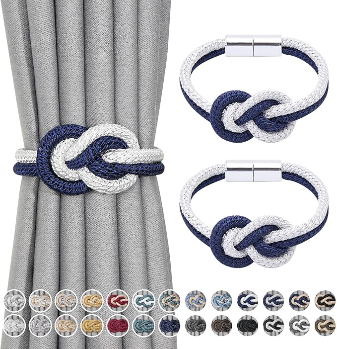 NICEEC 2 Pack Mini Magnetic Curtain Tiebacks Nordic Simple Style Drape Tie Backs Elegant Hand Weave Rope Knot Decorative Curtain Holdbacks for Home & Office Thin Window Drapery (Dark Blue & White)