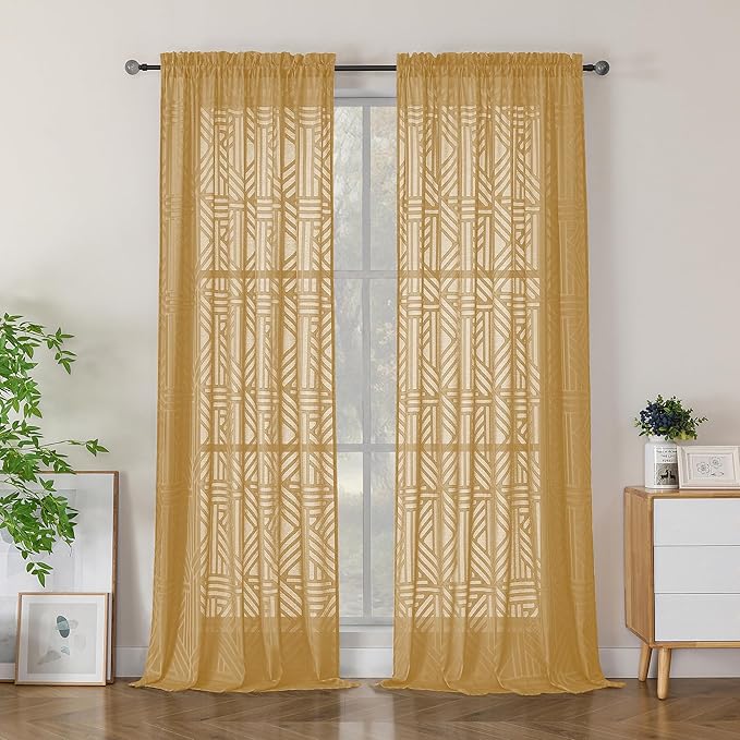 Simplebrand Semi Sheer Gold Curtains 96 Inches Long 2 Panels, Light Filtering Geometric Jacquard Clip Textured Sheer Curtains for Living Roon，Modern Elegant Window Curtains Drapes，52x96 inch