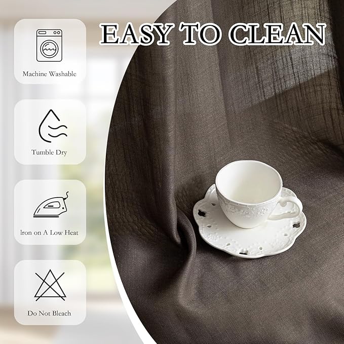 MYSKY HOME 108 Inches Long Dark Brown Sheer Curtains for Living Room 2 Panel Sets Light Filtering Window Drapes for Sliding Door Back Tab Draperies Floor to Ceiling Curtains Soft, 50" Wide