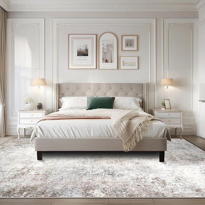 Modern Washable Rugs 9x12 Area Rugs for Living Room,Abstract Rugs for Bedroom,Large Carpets,Ultra Soft Faux Wool Retro Dining Room Rug,Non Slip&Non-Shedding Low Pile Print Rug- Beige Grey