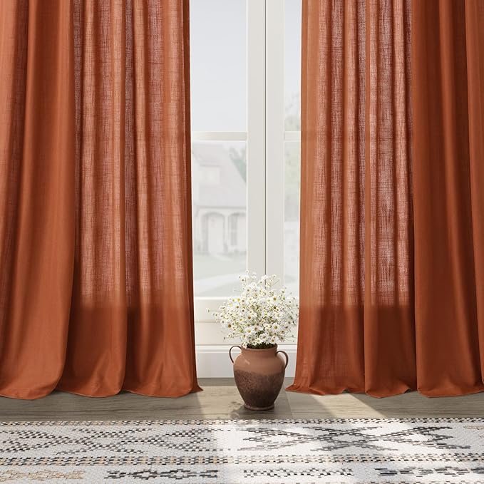 Terracotta Linen Textured 96 Inch Curtains 2 Panel Set Back Tab Rod Pocket Sheer Boho Room Decor Aesthetic Curtains Brick Burnt Orange Burlap Look Curtain Drapes for Living Room Bedroom 8Ft 40x96