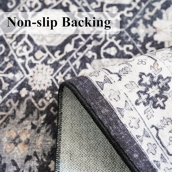 Washable 3x5 Entryway Area Rugs: Ultra Soft Low Pile Carpet for Kitchen Nursery Indoor Light-Weight Doormat Anti-Slip Cozy Rug for Living Room Bedroom Small Vintage Floor Mat Home Decor(3x5,Black)