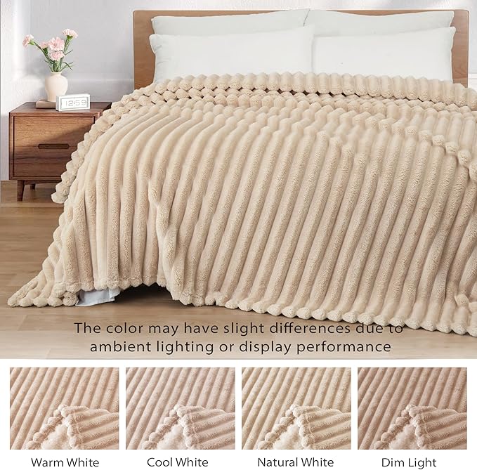 Exclusivo Mezcla Fleece Throw Blanket for Couch, Super Soft Striped Jacquard Bed Blanket, Lightweight Fuzzy Cozy for All Seasons, 50x60 Inches, Beige