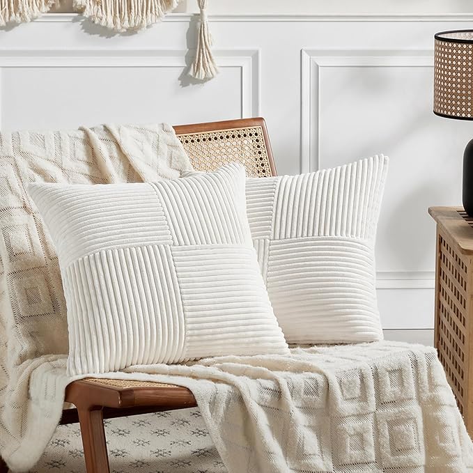 Fancy Homi 2 Packs Cream White Euro Decorative Throw Pillow Covers 26x26 Inch for Couch Bed Sofa, Farmhouse Boho Home Decor, Soft Corss Corduroy Patchwork Textured Square Cushion Case 66x66 cm
