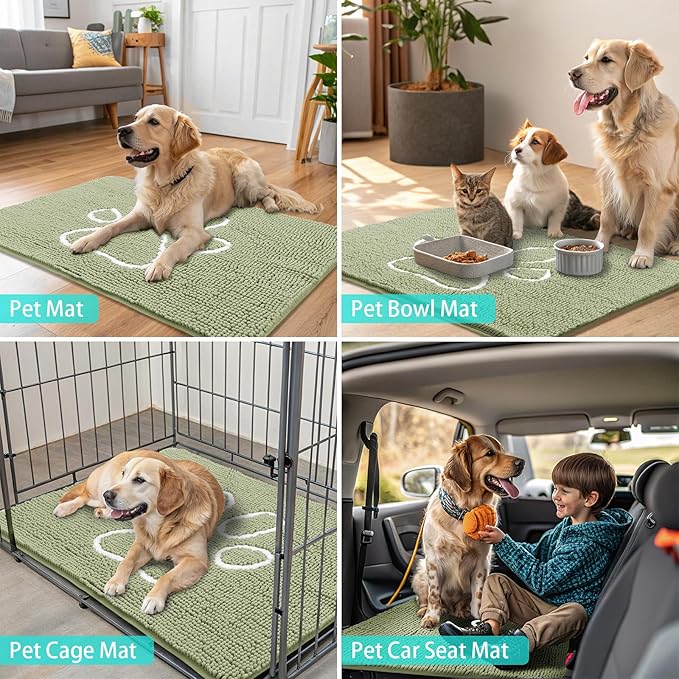 Smiry Dog Door Mat for Muddy Paws, Absorbent Dirt Trapper Non Slip Quick Dry Washable Chenille Mat for Mud Dogs, Entry Rug for Indoor and Outdoor (36x24 Inches, Sage Green and White)