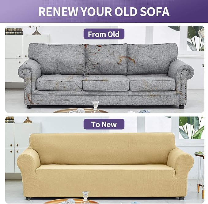 Joccun Stretch Couch Cover Slipcovers, 1-Piece Sofa Covers for 3 Cushion Couch Spandex Jacquard Washable Furniture Protector Cover for Living Room,Kids,Pets(Sofa,Champagne)