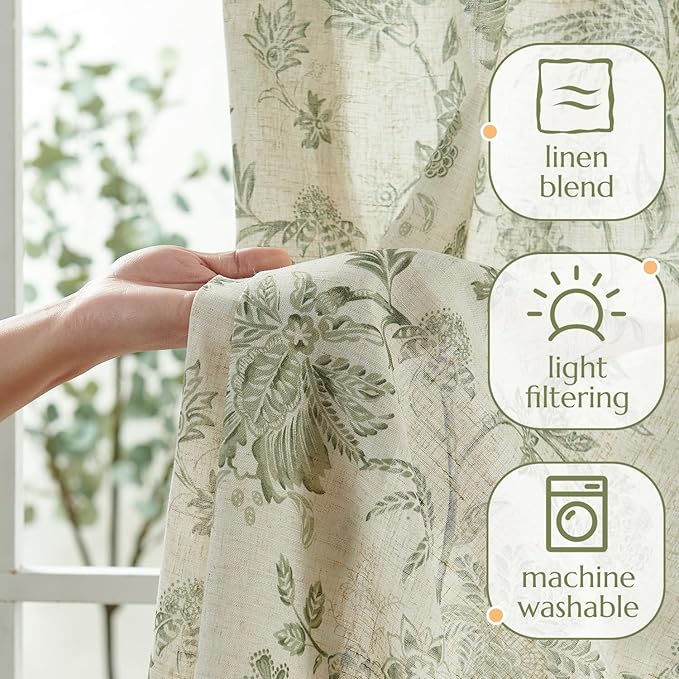 jinchan Linen Floral Curtains for Living Room with Printed Flower 84 Inches Long Light Filtering French Country Back Tab Rod Pocket Sage Green Window Curtain Set Farmhouse Drapes 2 Panels