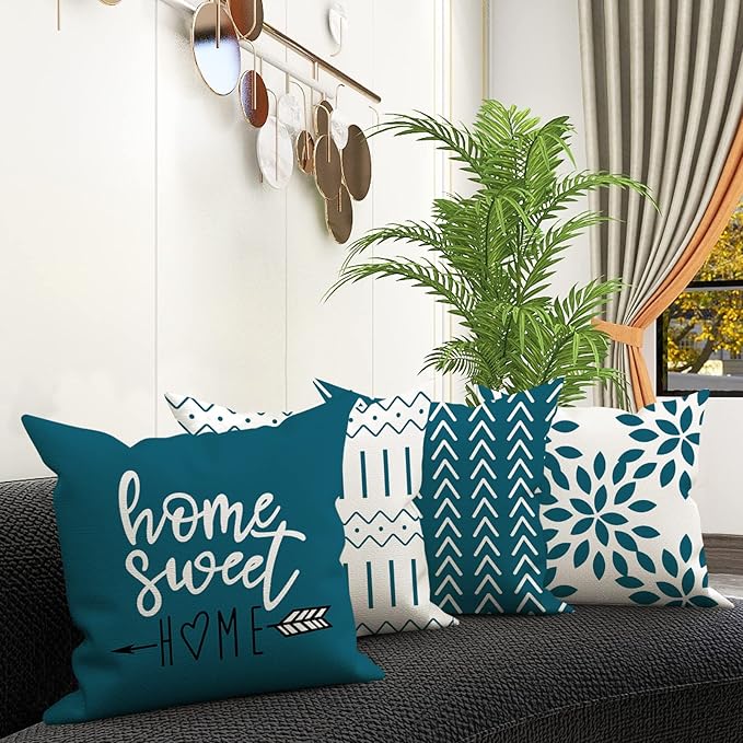 YCOLL Pillow Covers 16x16 Set of 4, Modern Sofa Throw Pillow Cover, Decorative Outdoor Linen Fabric Pillow Case for Couch Bed Car,Teal