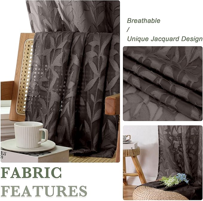 Lecloud Leia Jacquard Textured Chocolate Brown Semi Sheer Curtain 45 Inch Length, Balance Light & Privacy Clip Leaf Voile Curtain for Living Room, Dual Rod Pockets Bedroom Short Drape, 38x45 Inches