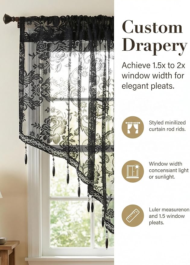 Molaxhome Swag Curtain 51 inch Length Rod Pocket Scalloped Curtain Valance Sheer Lace Panels with Hanging Crystal Beads for Kitchen Bedroom Window Treatments Drape Decor 1pc (Lace Black, 51Wx23L)