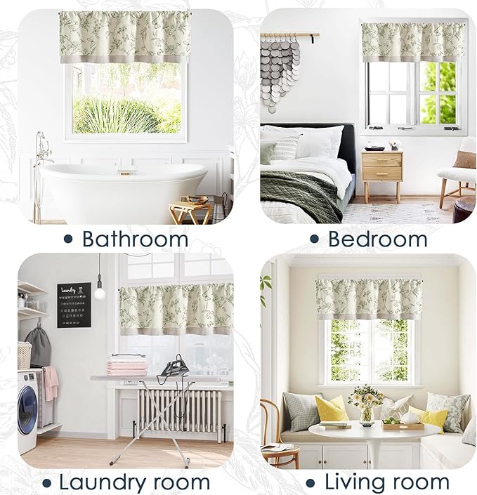 jinchan Floral Curtain Valance for Windows 16 Inch Linen Valance for Kitchen Living Room Rustic Cottage Farmhouse Flower Butterfly Curtain Rod Pocket 1 Panel Double Layer Blackout Green on Beige