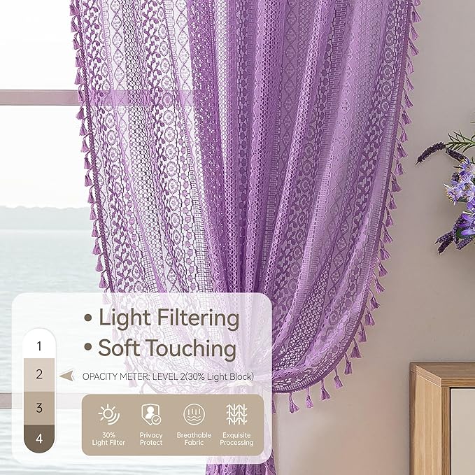 WAZZIO Boho Lace Curtains 84 Inches 2 Panel,Light Filtering Privacy Tassel & Geometry Crochet Semi Sheer Curtain Drapes for Bedroom Living Dining Room,Rod Pocket & Tassel,Lavender Purple