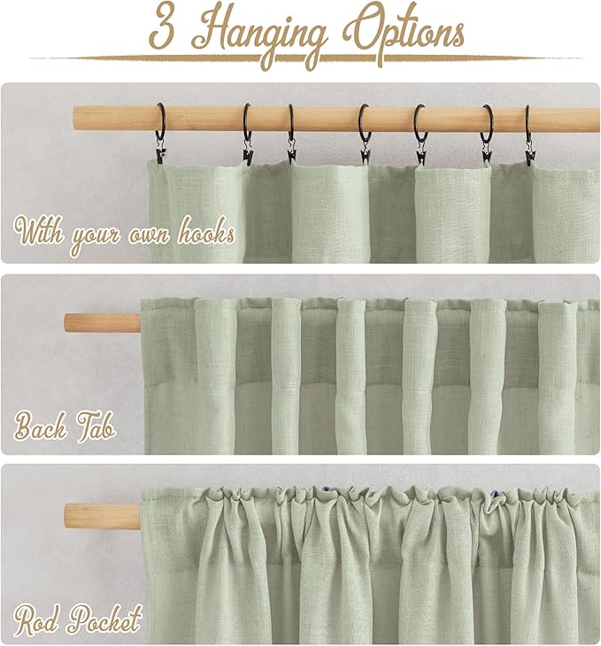 NICETOWN Sage Green Curtains for Living Room, Rod Pocket & Back Tab Natural Linen Blend Semi Sheer Window Treatments Privacy with Light Filtering for Bedroom/Nursery, W52 x L84, 2 Panels