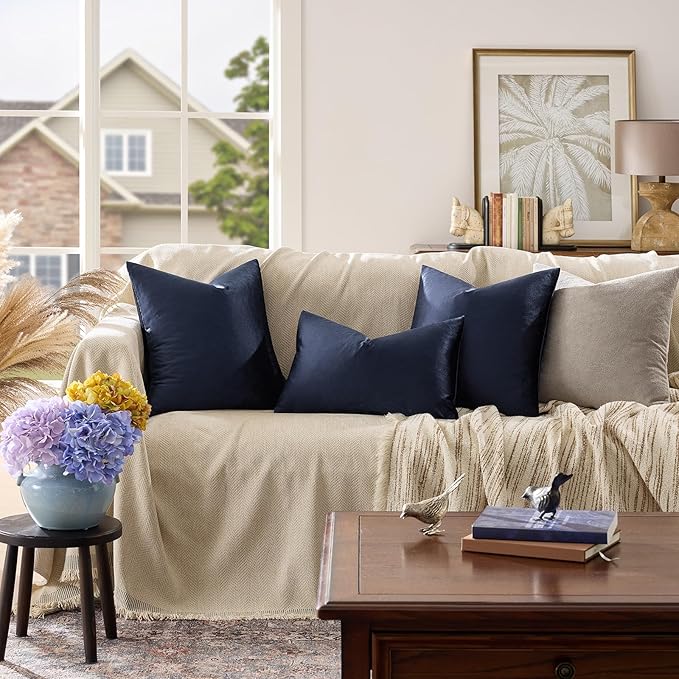 GIGIZAZA Navy Blue Velvet Pillow Covers 22x22,Square Solid Throw Pillow Covers Decorative Modern Pillows Big Vintage Cases for Couch Pack of 2