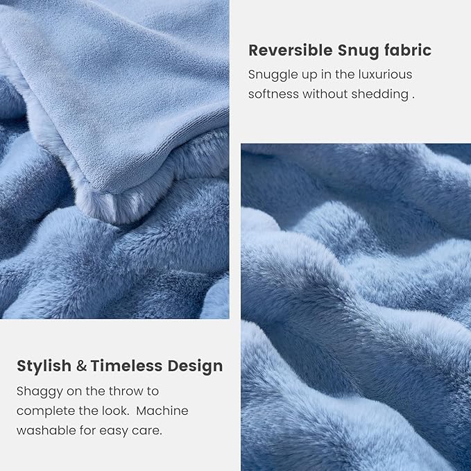 Cozy Bliss Faux Fur Bubble Throw for Couch, Fuzzy Soft Plush Thick Blanket for Sofa Bedroom Living Room, 60x80 Inches Misty Blue